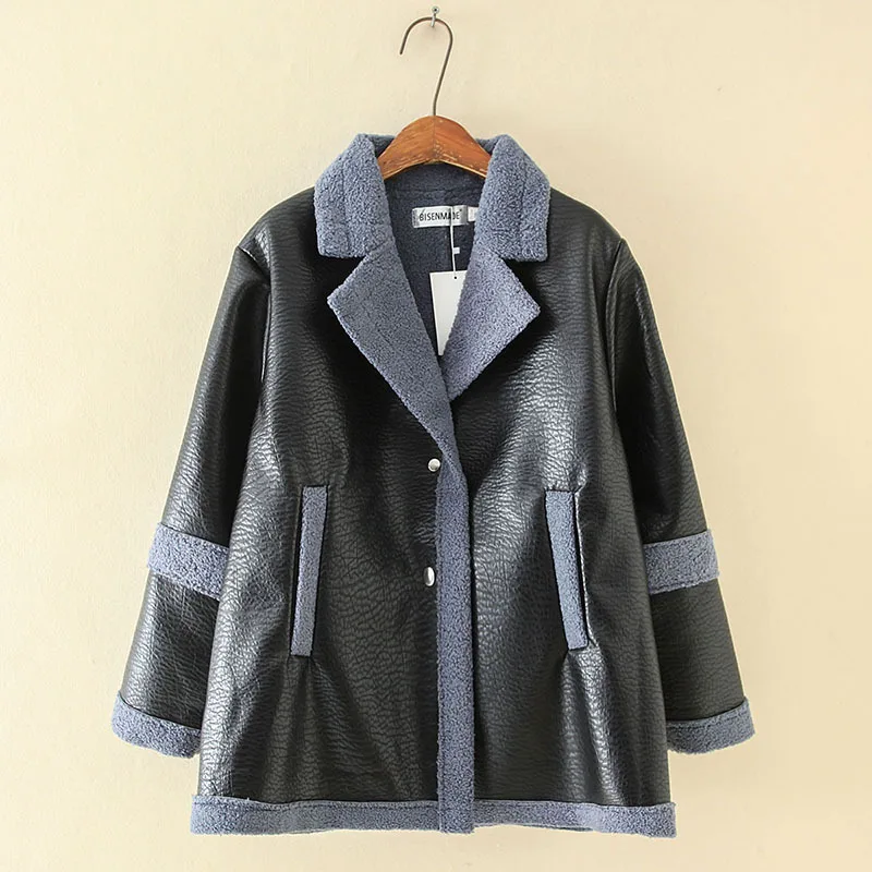 

Plus Velvet Leather Coat Women's 2019 New Style Mid-length Autumn And Winter Korean-style Loose Casual plus Velvet Fold-down Col