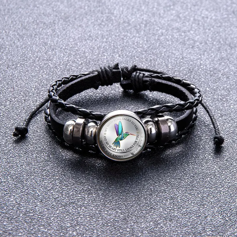 Vintage Animal Bird Trochilidae Butterfly Dragonfly Glass Snap Buttons Bracelet Black Braided Leather Adjustable Bracelets | Украшения и