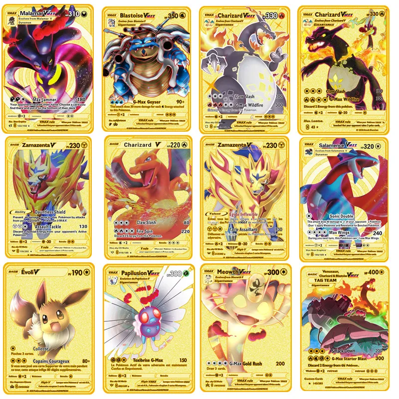 ¡En Stock! Pokemon DX-tarjeta de Metal PIKACHU Charizard VMAX, Tarjeta Dorada ZacianV SnorlaxV EvoliV, regalo de colección, juego para niños, juguetes de tarjetas