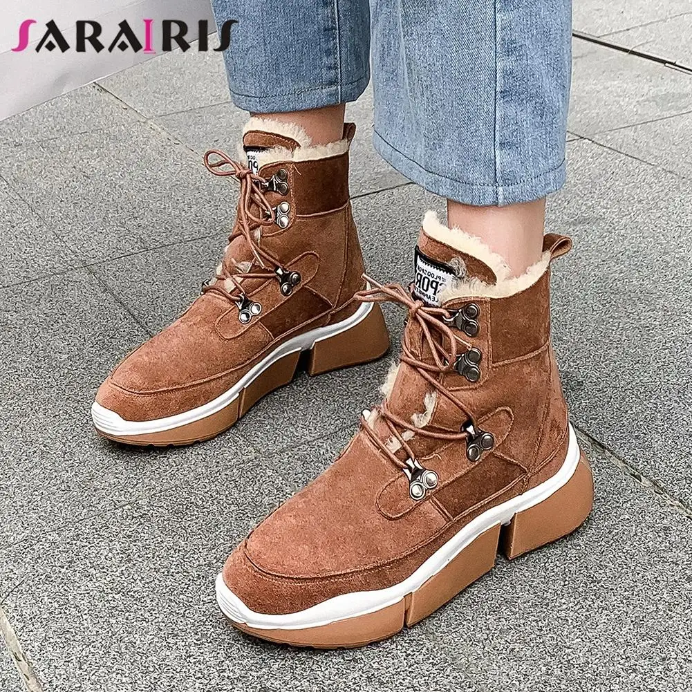 

SARAIRIS Brand Design Cow Suede Snow Boots Ladies Lace Up Wedges Shoes Woman Leisure Warm Fur Ankle Boots Women Winter 2019