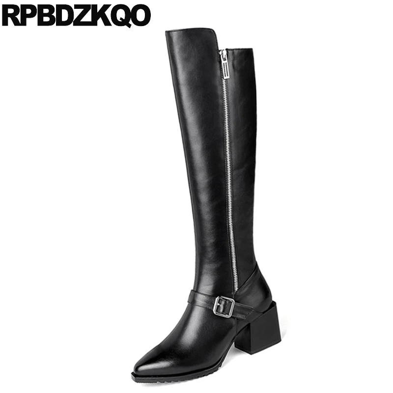 comfortable plus size fur 10 shoes black winter tall long big knee high women chunky pointed toe side zip boots block brand