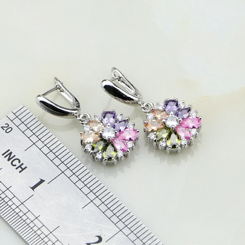 925 Silver Jewelry Flower Multi-color stones Jewelry Sets For Women Wedding Earrings/Pendant/Necklace/Rings - 3
