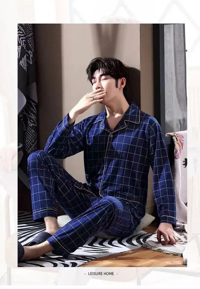 blue mens pyjama Хорошее качество, домашняя одежда, одежда с длинным рукавом, дышащий хлопок, свободная одежда для сна, Ночной костюм, Мужская пижама, набор - Цвет: blue mens pyjama