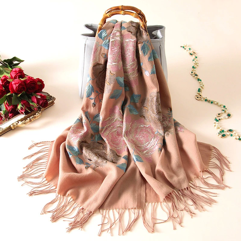 

Women 100% Pure Wool Scarves Red Shawls and Wraps for Wedding Ladies Festive Winter Shawl Pashimina Bride Embroidered Scarf Wool