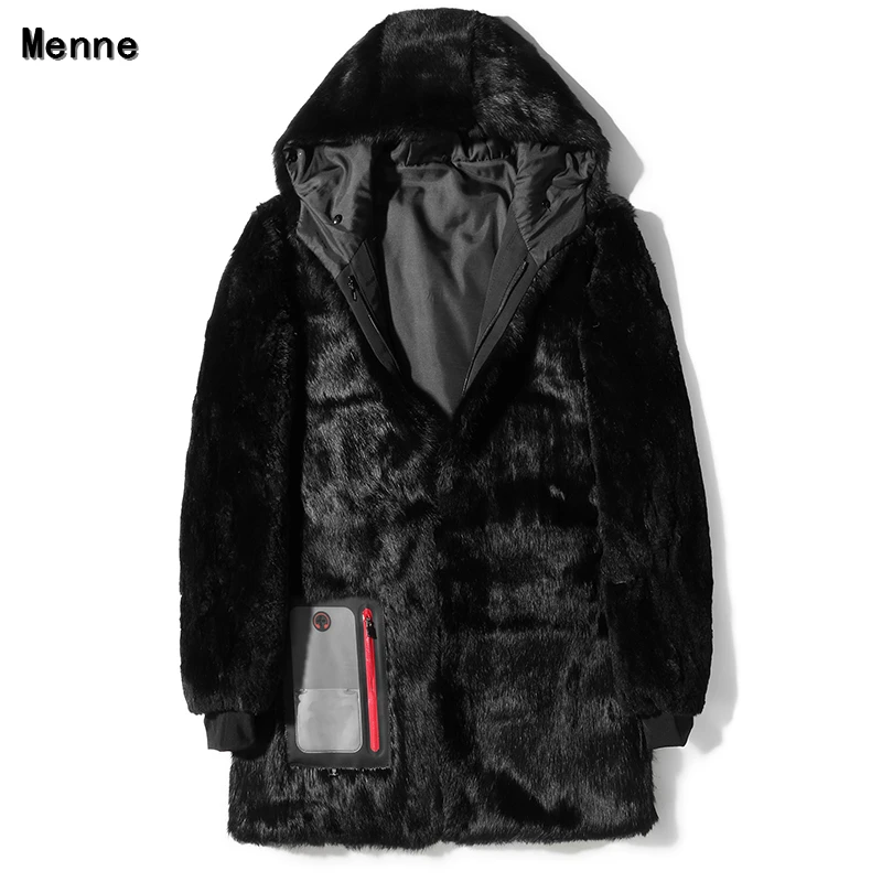 Abrigo largo y mediano de invierno para hombre, cuello de zorro plateado desmontable - Цвет: Черный