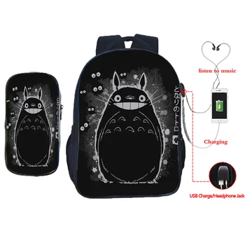 

Kawaii Totoro USB Backpack Boys Girls Teens School Bag Students Bookbag Child Primary Rucksack Gift(2pcs Set/backpack pen Bag)