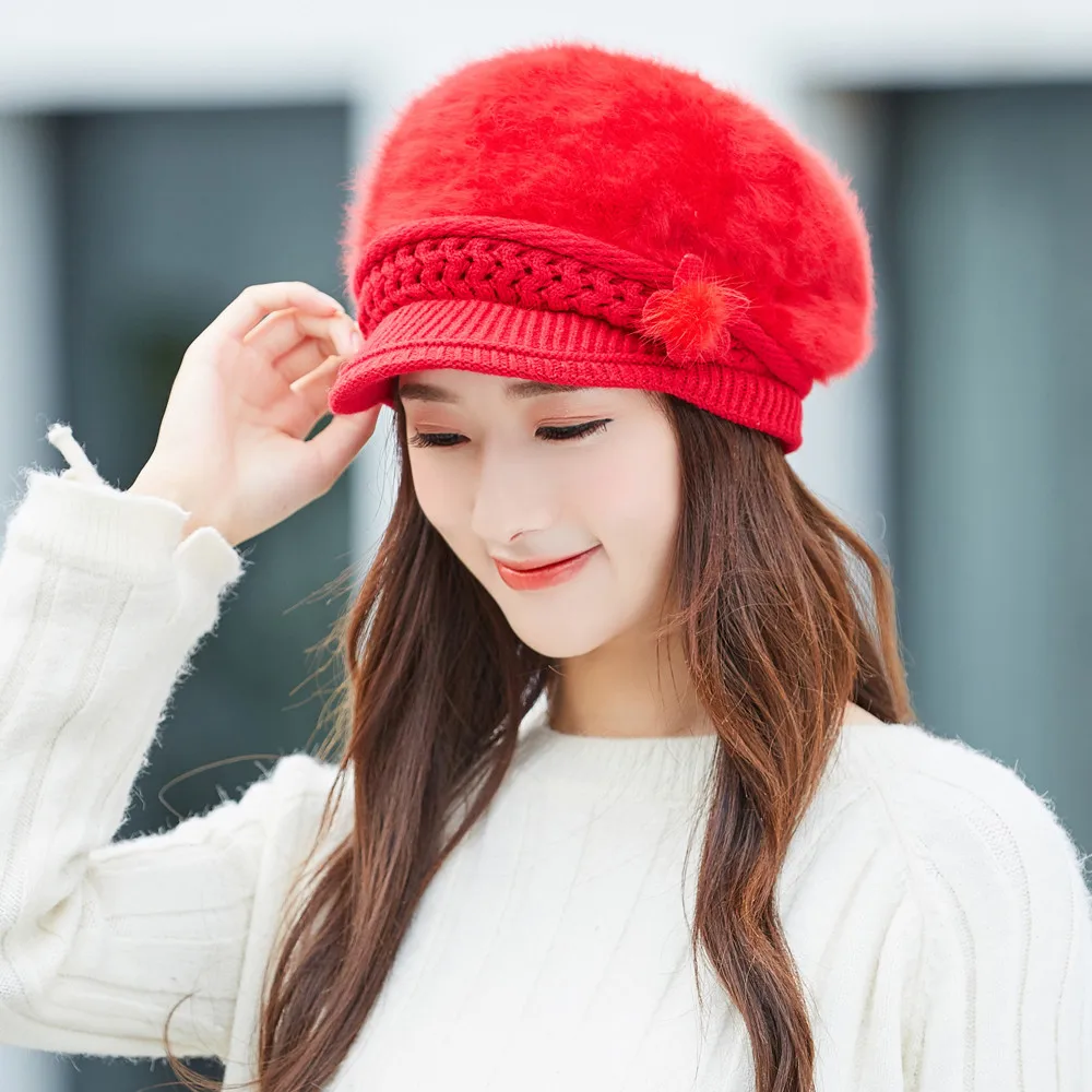 Красный Beret Hat Women Flat Cap Women Winter Hat Warm Floral Cap Beret Baggy Knit Crochet Beanie Hat Ski Cap Berret Femme#2O04 - Цвет: Красный