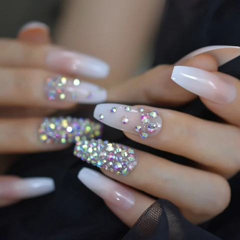 Luxury Strass Fake Nails AB Rhinestone Decorative Extra Long Ballerina White Full Cover Artificial Tips Natural 24