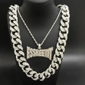 

Hip Hop Men Necklace Gold Sliver Color Ice Out Crystal Miami Cuban Cross Pendant Necklace Set 2CM Hip Hop Necklace Chain For Men
