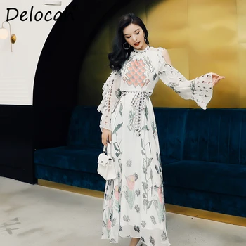 

Delocah 2020 Women Spring Summer Dress Runway Fashion Designer Butterfly Sleeve Simple Sashes Printed Elegant Slim Holiday Dress