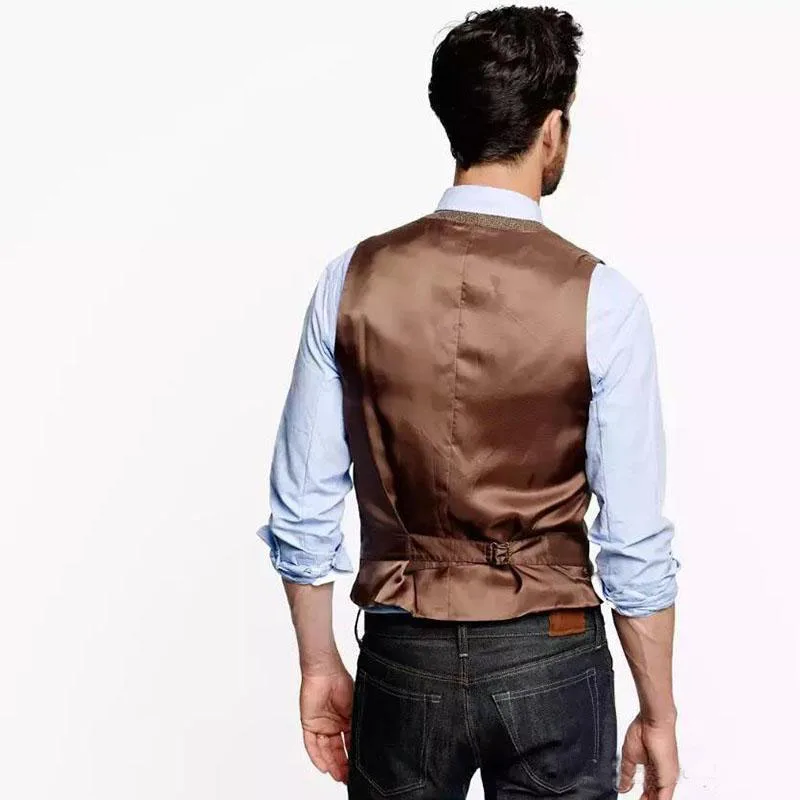 Vintage Brown Groom Vests For Rustic Wedding Tweed Herringbone Mens Suit Vests Slim Fit Men's Dress Vest Custom Waistcoat Adjust