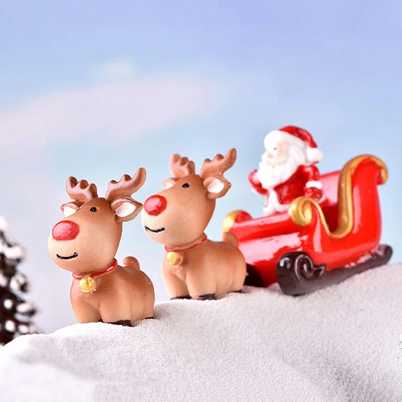 

1PC Christmas Miniature Santa Claus Sled Reindeer Gift Fairy Garden Decor Snow Landscape Model Train Terrarium Figurines