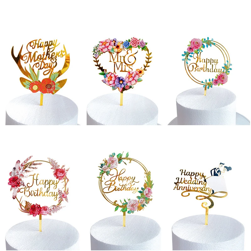 Baby Shower Cake Topper Acrylic Decor Flowers Happy Birthday Party Supplies