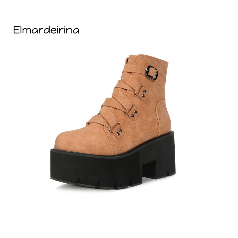 

Spring Autumn Ankle Boots Women Platform Boots Rubber Sole Buckle Black Leather PU High Heels Shoes Woman Comfortable