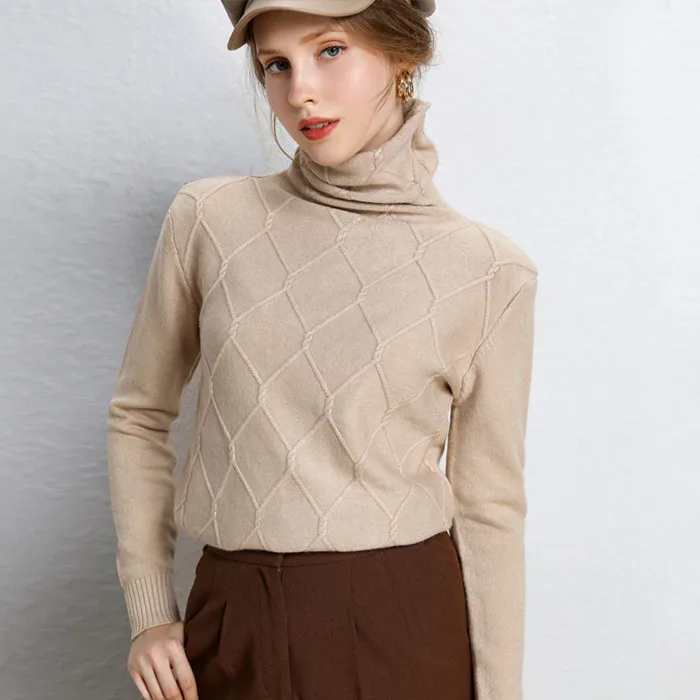Осень-зима, женский свитер с высоким воротником, толстый кашемировый свитер, длинный рукав, ромбическая решетка, вязаные женские пуловеры - Цвет: Camel