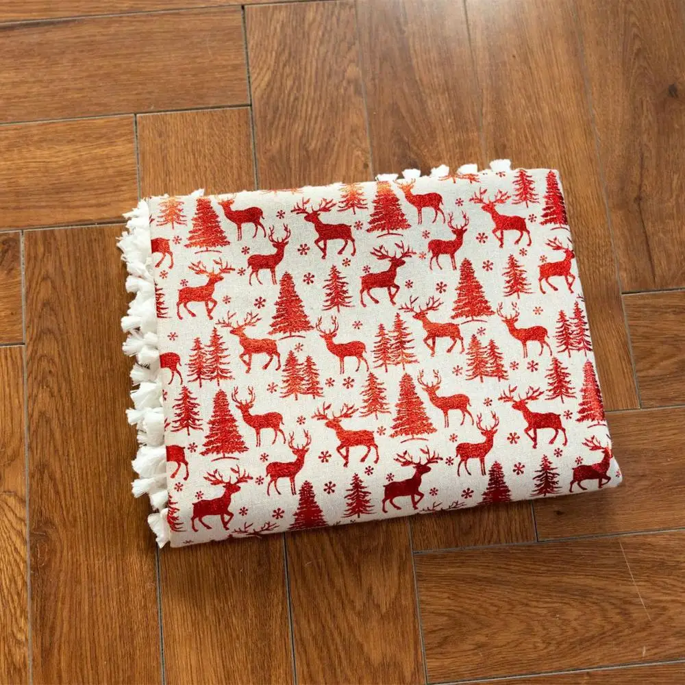 Upscale Luxury Linen Cotton Tablecloth Red Christmas Tree and Cartoon Elk Printed White Tassel Hem Decoration Wedding Tablecover
