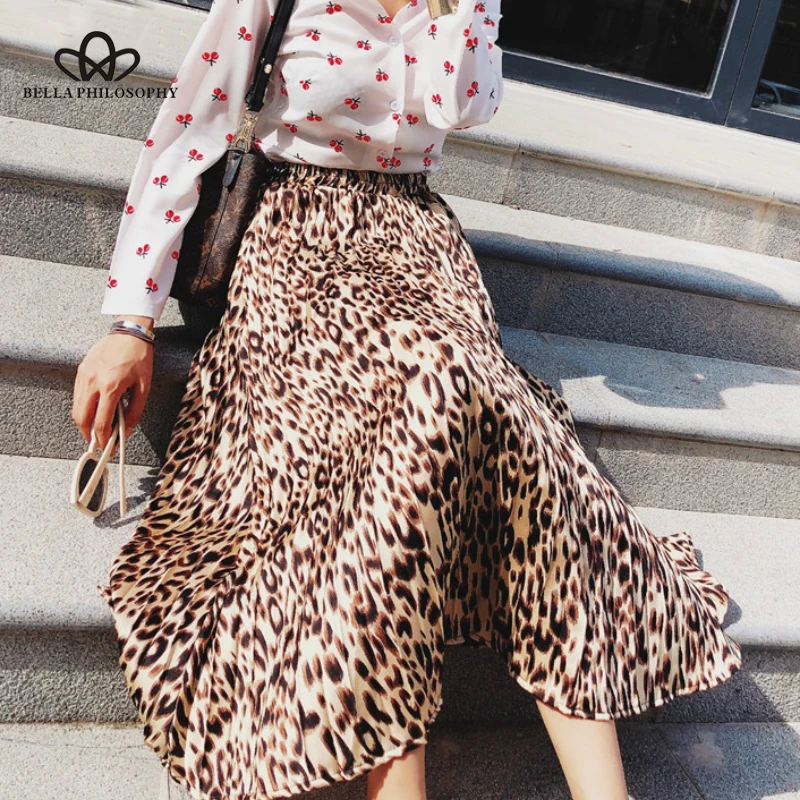 Bella philoopshy, Ретро стиль, Леопардовый принт, плиссированные юбки, для женщин, Корейская, элегантная, длинная юбка, уличная, эластичная талия, для девушек, юбка миди