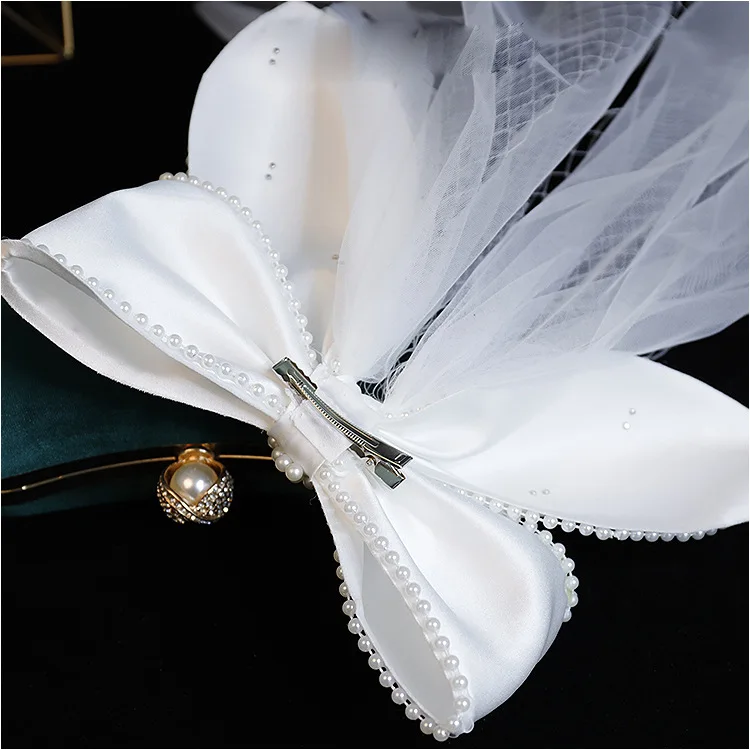 Bow veil Pearl hair clips Embellished Princess Satin Veil Bridal Headdress Romantic Wedding Hair Accessories
