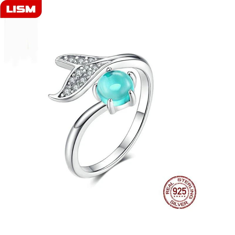 Mermaid Ring 925 Sterling Silver Blue Ocean Stone Tear Fish Tail Rings For Women Open Ajudstale Ring Jewelry Rings Aliexpress
