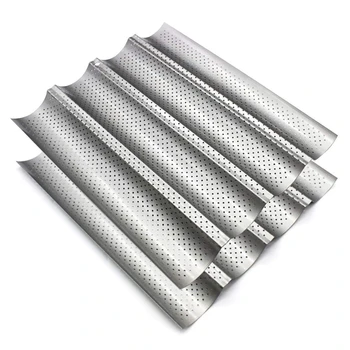 

2-Piece French Bread Baking Pan Non-Stick Perforated Rectangular Pan, 4 Wave Wavy Leaf Baking Mold