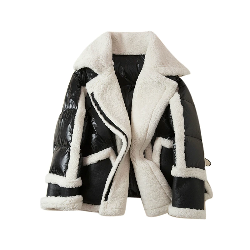 Новое зимнее женское пальто из натурального меха Серебряная Двусторонняя Меховая куртка из натуральной овечьей кожи байкерская куртка на белом утином пуху - Цвет: black white