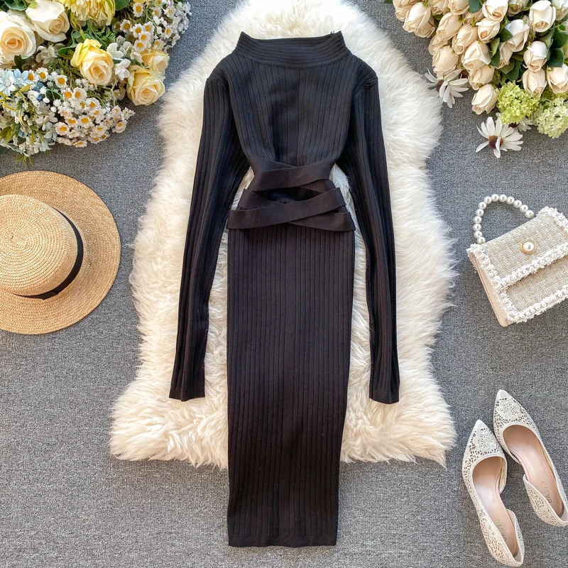 Teeuiear Vintage 2020 Slim Bandage Midi Pencil Dresses Autumn Winter Bodycon Knitted Sweater Party Women Club Knee Length Dress