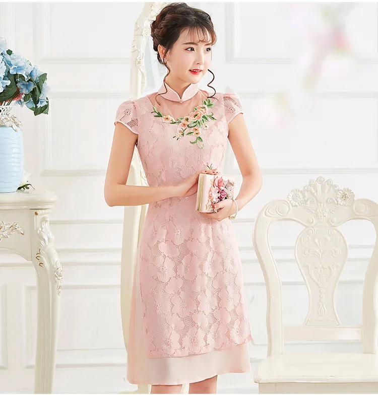 Ming Ling/элегантное женское платье cheongsam в этническом стиле в ретро-стиле, украшенное кружевом, весна-лето