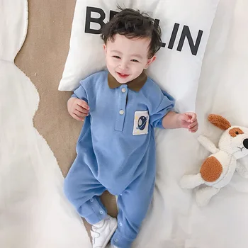 

MINI Beibei city Baby's cartoon patch baby onesie contrasting color polo collar romper baby romper
