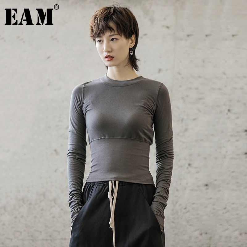 

[EAM] Women Black Gray Slim Fit Simple T-shirt New Round Neck Long Sleeve Fashion Tide All-match Spring Autumn 2019 1B213