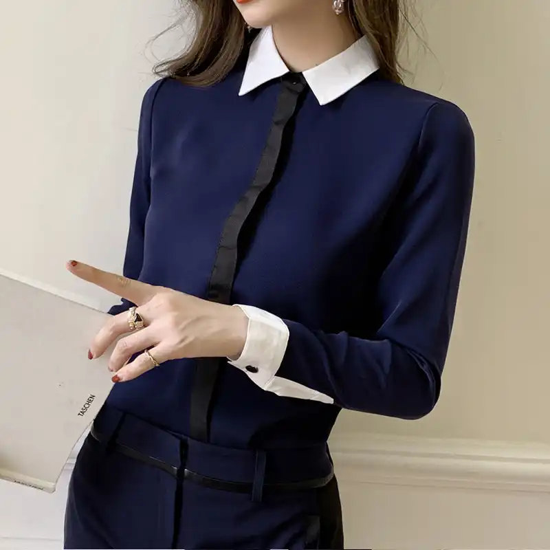 Ol موضة المرأة قميص الشيفون الأزرق الداكن بلوزة بيضاء الأكمام النساء الإناث Blusas سيدة قميص علوي 2020 ملابس حريمي 205020 Aliexpress