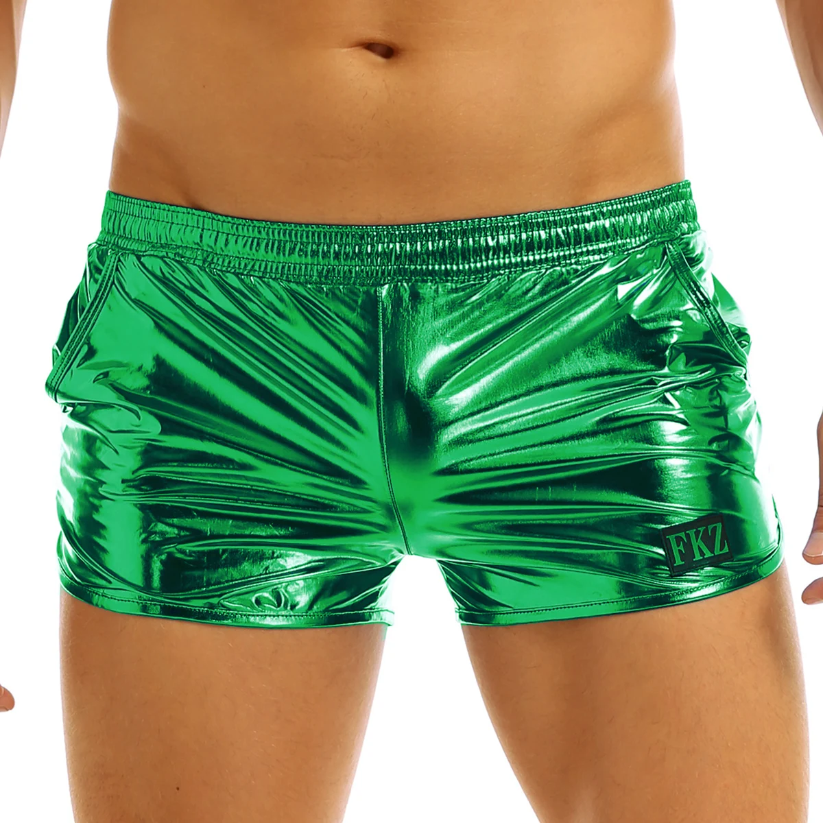 

Mens Shiny Metallic Shorts Low Rise Elastic Waistban Boxer Shorts Stage Performance Clubwear Costume Trunks Rave Party Clubwear