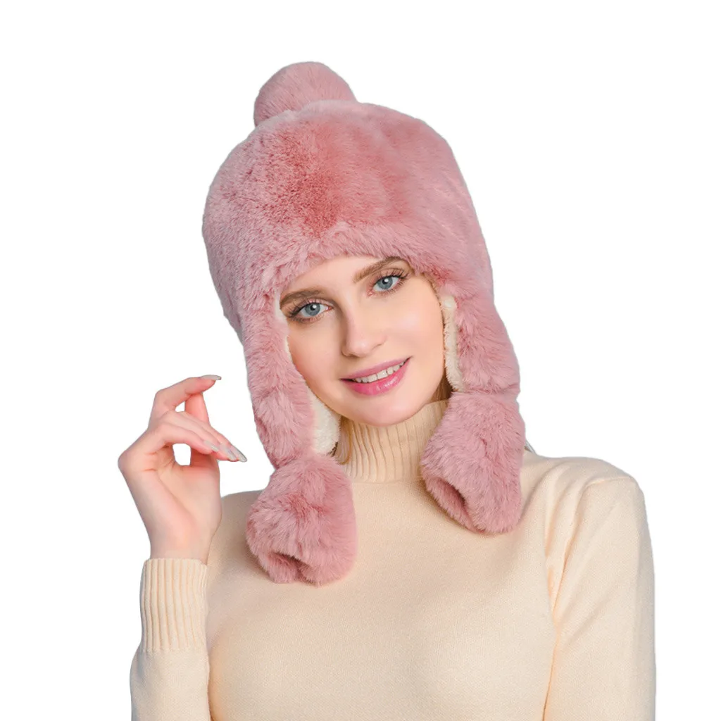 Pink Женская зимняя плюшевая искусственная Толстая шляпа защита для ушей теплая плюшевая шапка gorros de inverno feminino toucas de inverno mulher женская шапка - Цвет: Pink