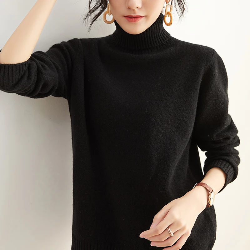 Sweater women's new high lapel pullover pure color