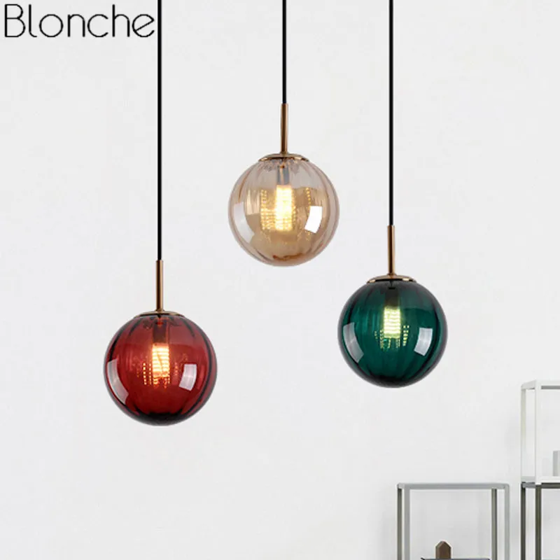 

Nordic Glass Ball Pendant Lights Simple-head Hanging Lamp Kitchen Living Room Bedroom Lustre Light Multicolored Glass Luminaire