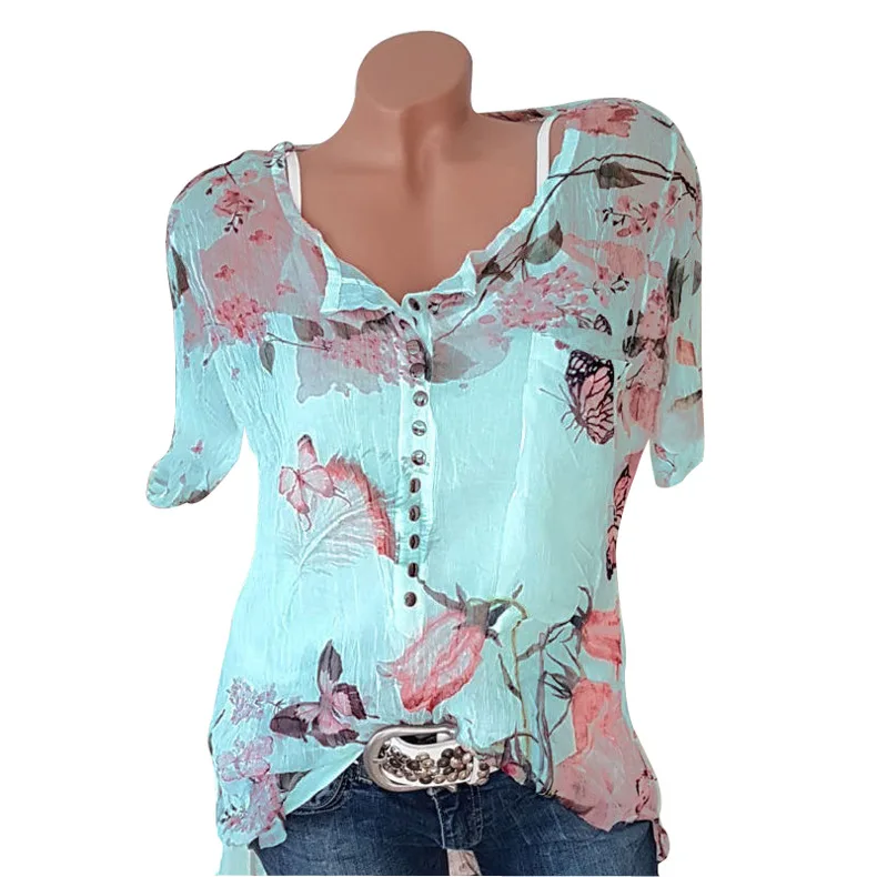 5XL, модные женские блузки, короткий рукав, Цветочная блузка,, кнопка, v-образный вырез, рубашка для девушек, рабочий Топ, Blusas Feminina Elegante размера плюс