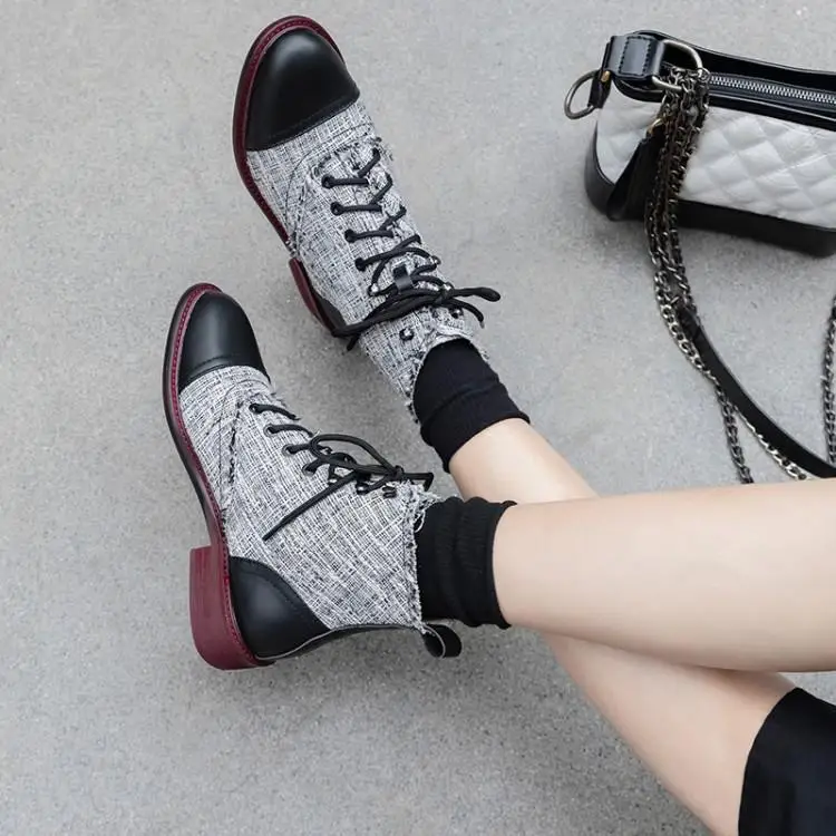 

Runway Patchwork Ankle Boots For Women Black Leather Grey Beige Canvas Botas Mujer Round Toe Chunky Heels Lace Up Women Shoes