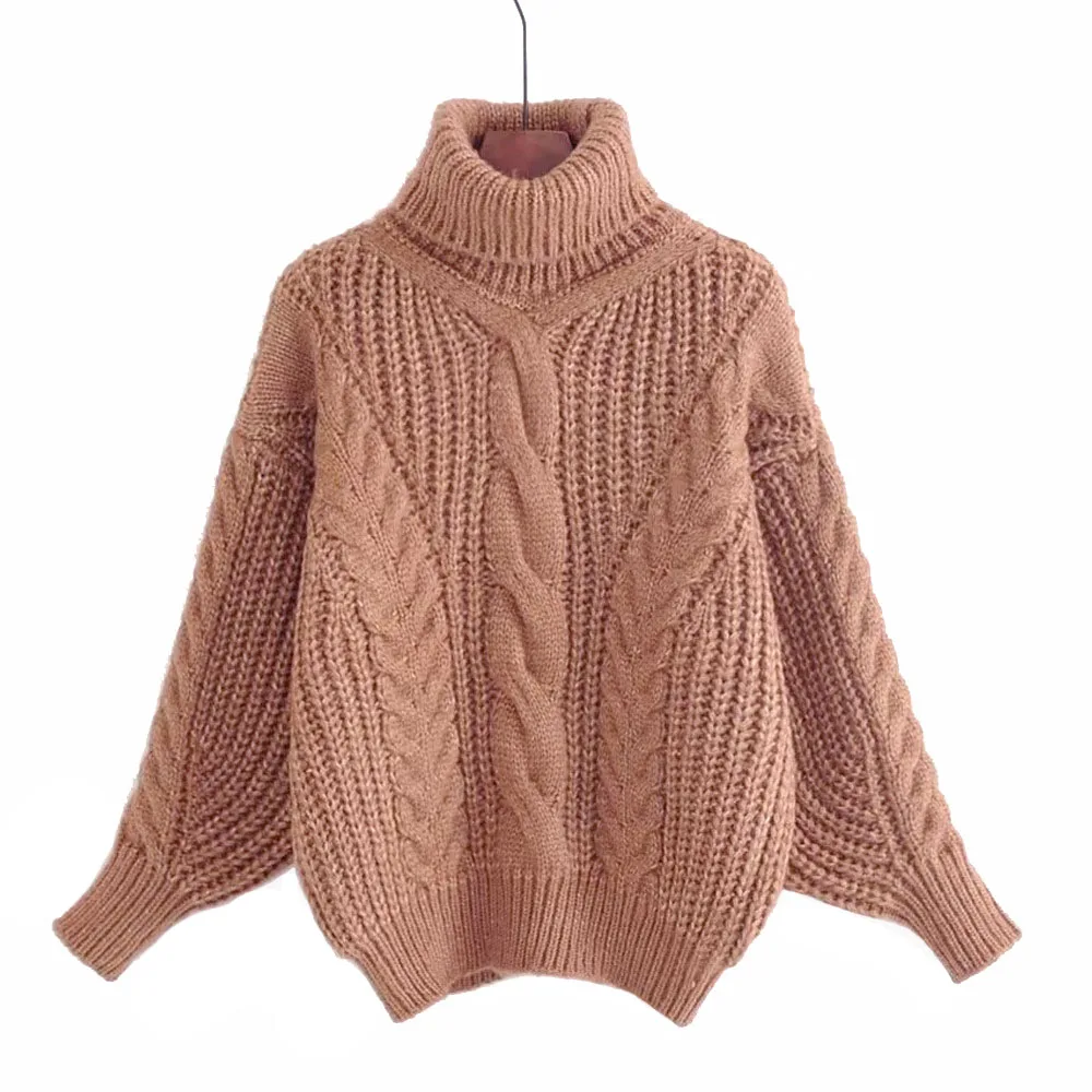 Осенне-зимний свитер для женщин Повседневный плотный теплый свободный свитер с высоким воротом объемный пуловер витой вязаный свитер