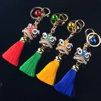 

2019 Chinese Style Cute Lion Dance keychain Model Inlay Rhinestone Lion Woman's keychain Key Chains Car Key Ring Pendant