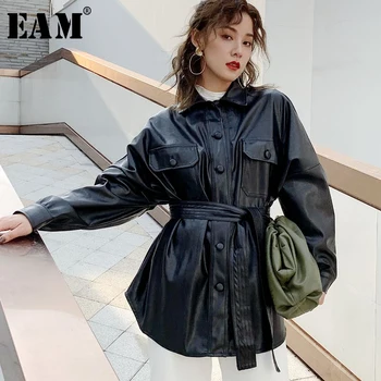 

[EAM] Loose Fit Black Pu Leather Bandage Big Size Jacket New Lapel Long Sleeve Women Coat Fashion Tide Spring 2020 1X477