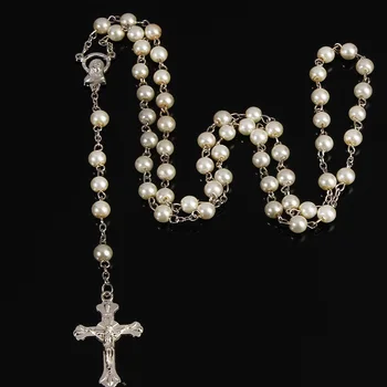 

12pcs / 6mm Catholic crystal white pearl long chain, Santa Maria center rosary pearl baptism necklace, Christian jewelry necklac