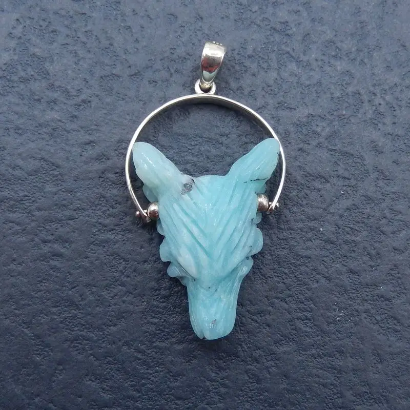 Natural Amazonite Handmade Animal Wolf Head With Silver Buckle Pendant For Men Blessing Modish Ornament Best Gifts 30x21x10mm 6g