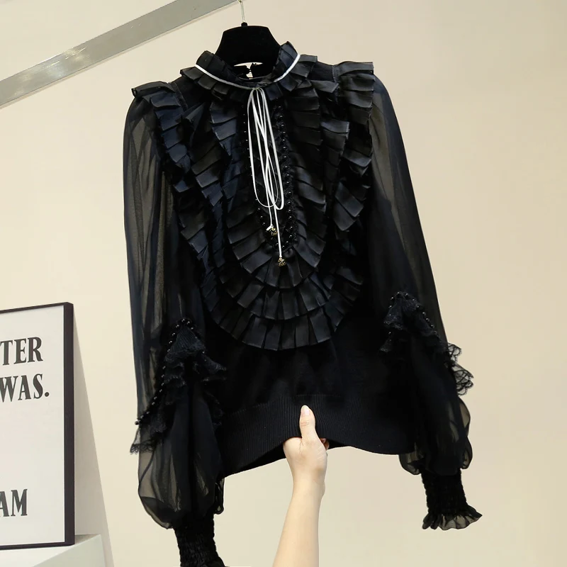 

Palace Style Lantern-Sleeve Bow Shirt Womens Fashion Ruffle Chiffon Panel Knit Top Blouse White Shirts Blusa Femme Spring 2020