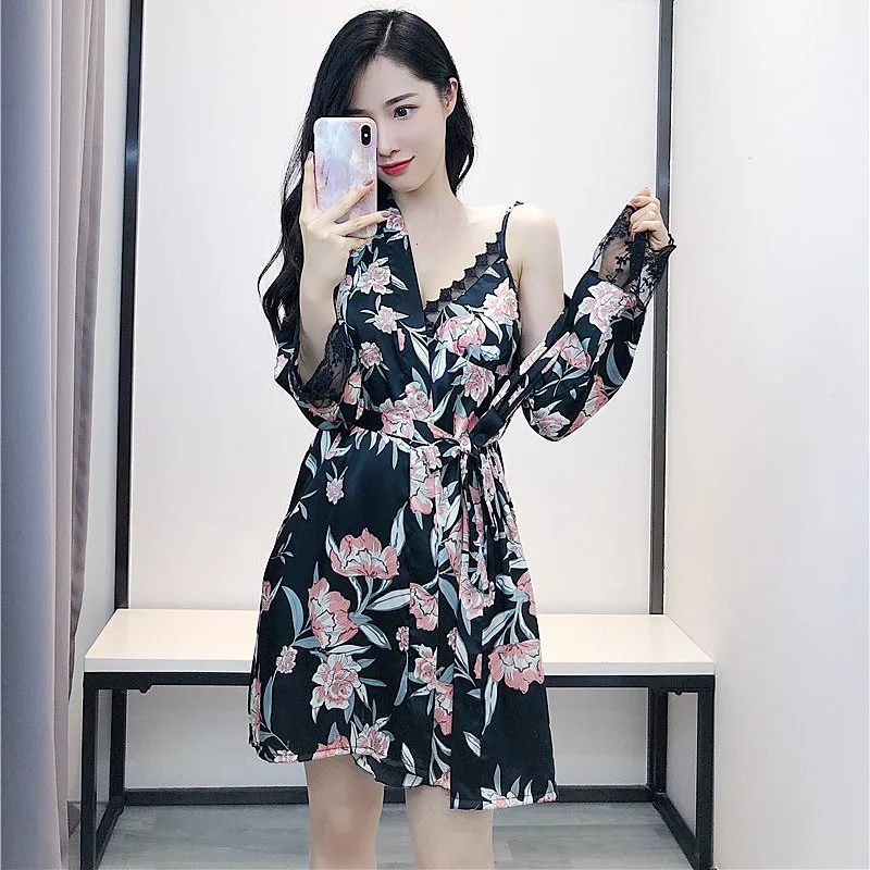 

2019 Women Robe & Gown Sets Sexy Lace Sleep Lounge Pijama Long Sleeve Ladies Nightwear Bathrobe Night Dress With Chest Pads