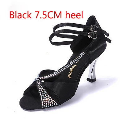 Black 75mm Heel Высококачественная обувь для латинских танцев для женщин, стразы, атлас, верх, коровья кожа, подошва, высокий тонкий каблук, обувь для латинских бальных танцев - Цвет: Black 75mm Heel