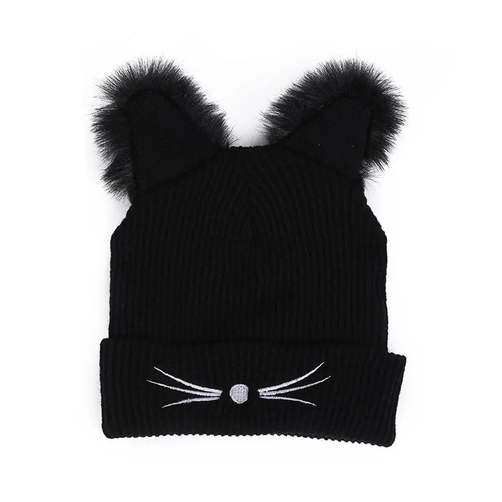 Women Cute Cat Ears Black Knitted Winter Warm Hat Pompom Caps Female Bonnet Polyester Braided Hat For Dropshipping