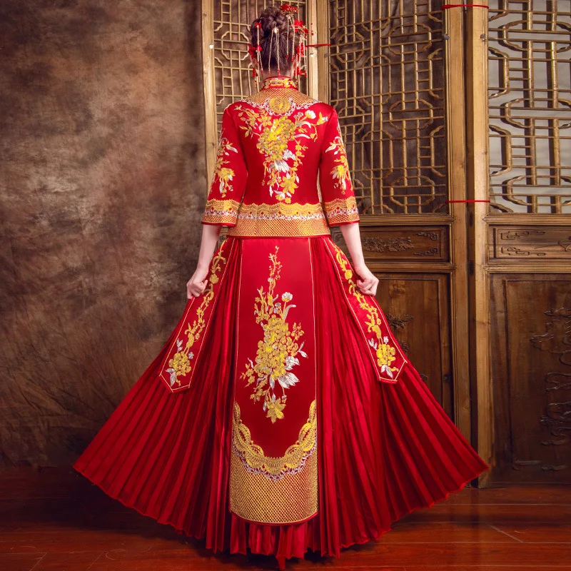 Длинное Восточное Qipao винтажное женское свадебное Ципао в китайском стиле костюм Новинка Вышивка плиссированное платье Королевский тост Vestidos