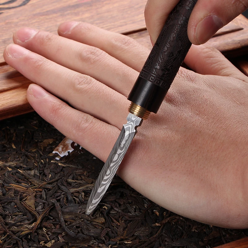 Tea needle set Damascus pattern steel tea needle tea cone stainless steel wood handle set hand-carved kung fu knife