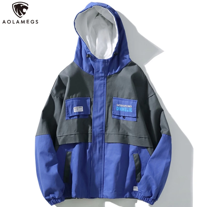 

Aolamegs Men Jacket Back Letter Print Jacket Hooded Coat Patchwork Color Print Outwear High Street All-match Cargo Windbreaker