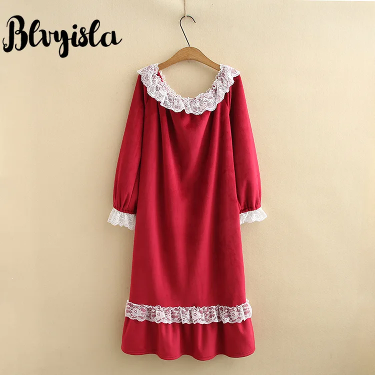 Blvyisla 5XL плюс негабаритный Красный Лолита средней длины кружева вышитые ночные рубашки сексуальные женские зимние плотные пижамы