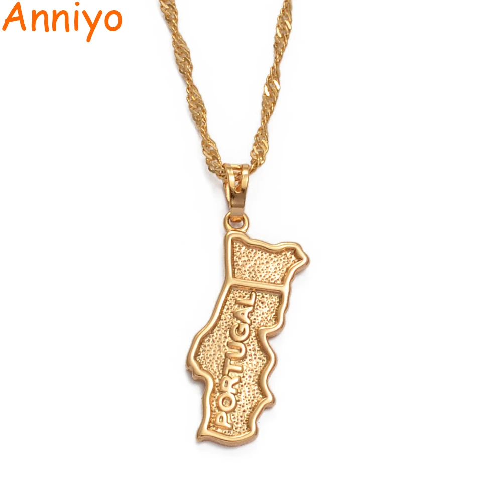 

Anniyo Portugal Map Pendant Necklace Chain Women,Light Gold Color the Portuguese Republic Jewelry PRT for Men/Girl #007104